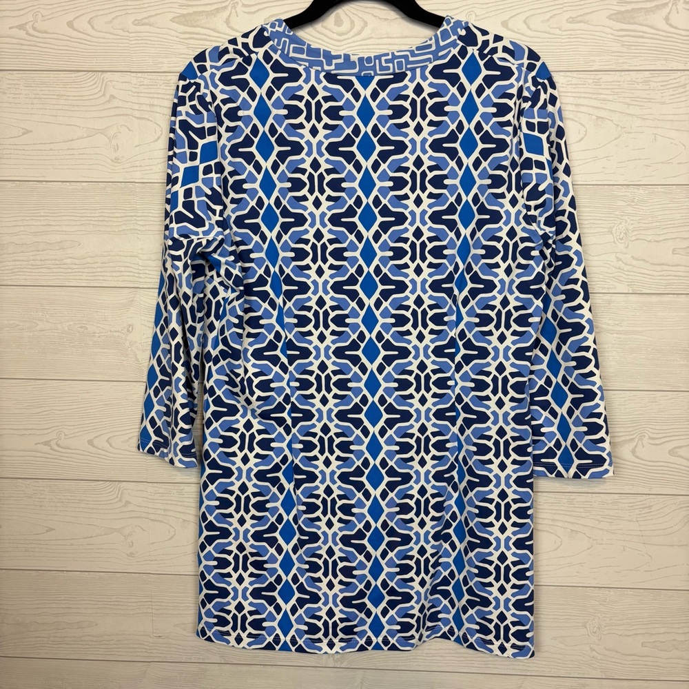 J. McLaughlin Catalina Cloth Blue Mosaic Print Tunic V Neck Blouse Size Large - Picture 4 of 6